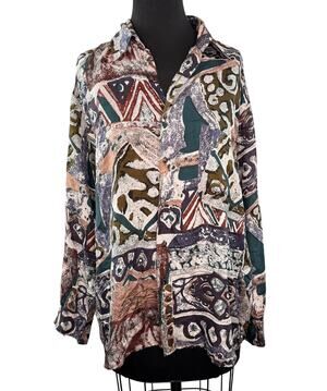 VINTAGE IN Private Blouse Silk Abstract Collared Casual Button-Up Size Medium M